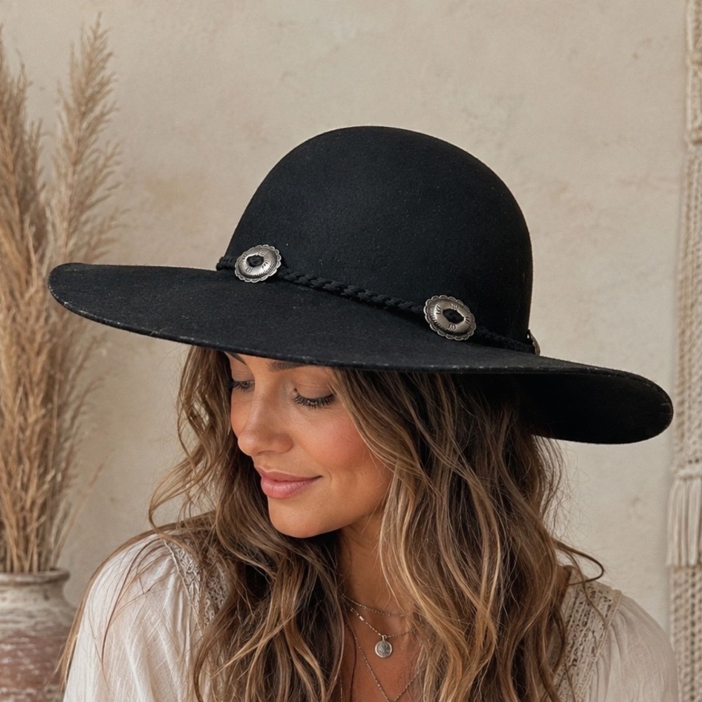 Black Wool Floppy Hat Silver Concho Boho Western Cowgirl Autumn Festival Ranch